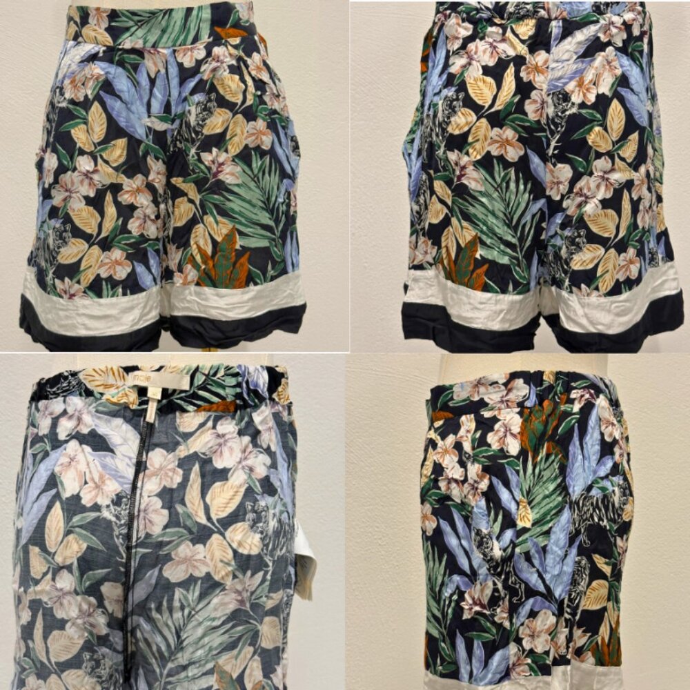 MAJE Pleated floral-print twill shorts